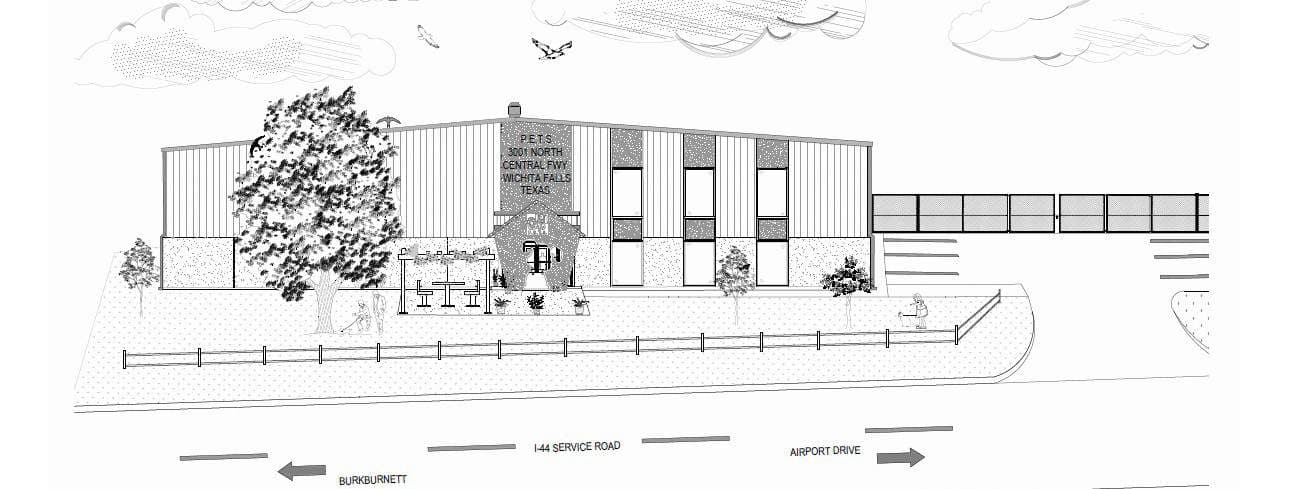 Rendering of the Wichita Falls PETS Clinic building from the Sun Club solar grant page